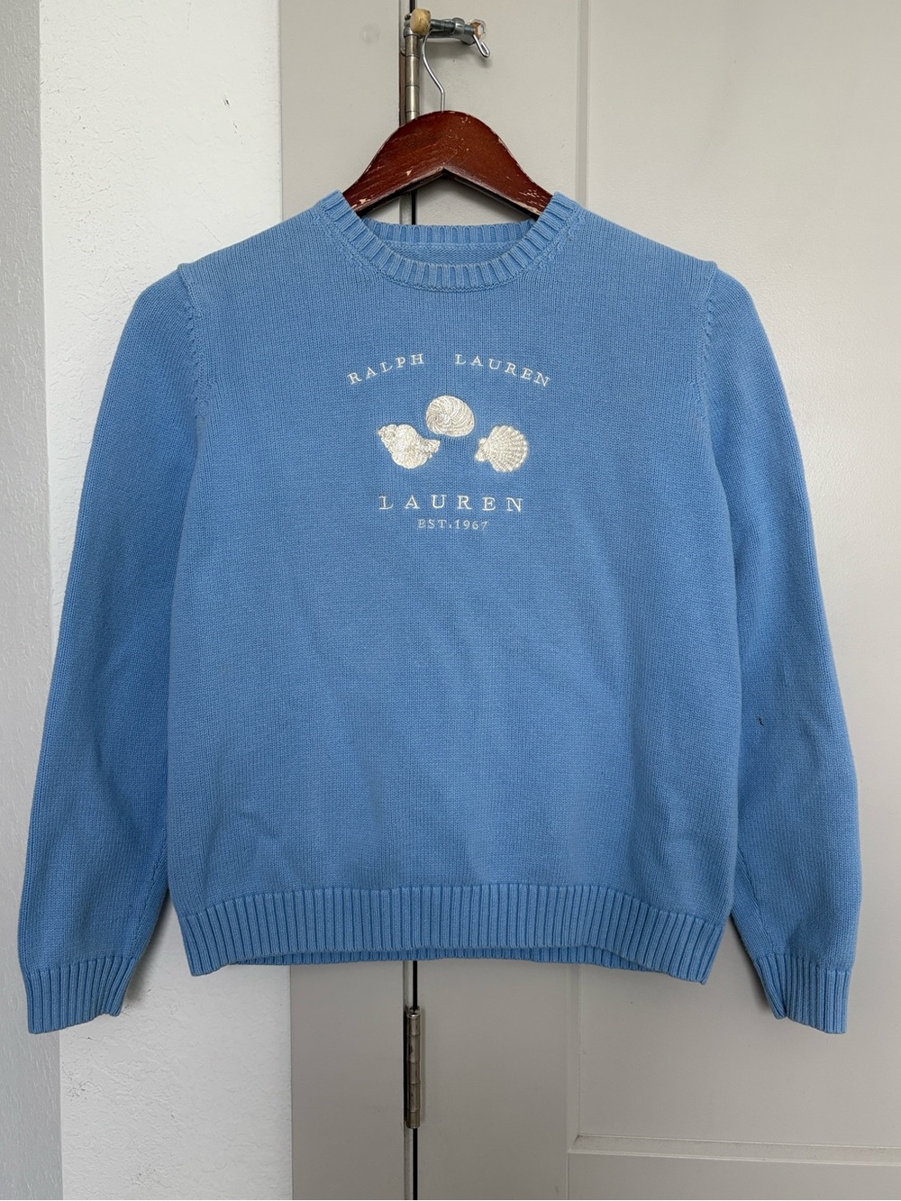 LAUREN RALPH LAUREN BLUE EMBROIDERED SEASHELL NAUTICAL CREWNECK SWEATER MEDIUM